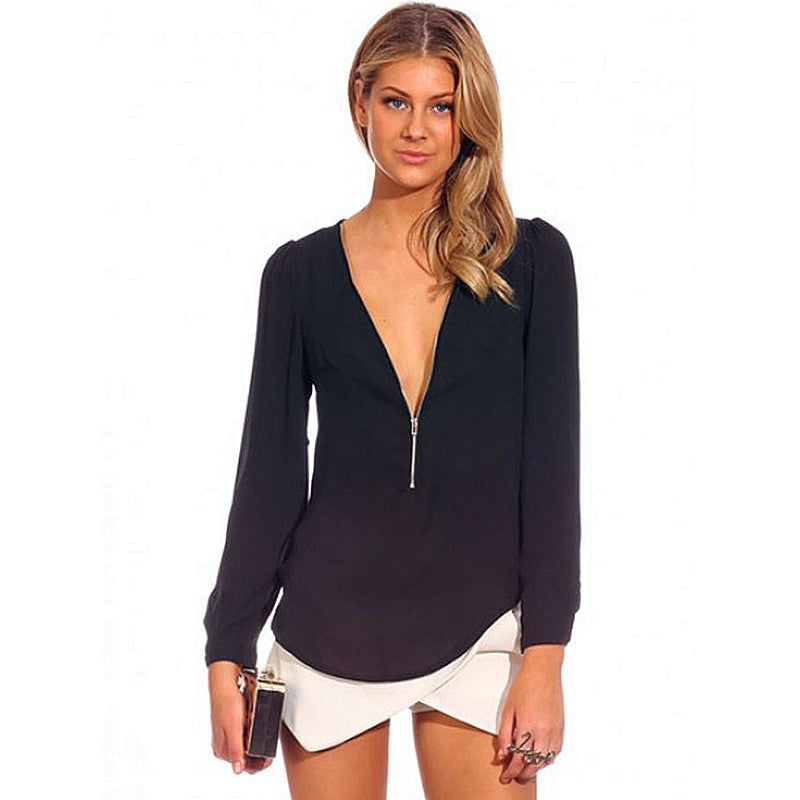 Sexy V-Neck Long Sleeve Zipper Blouse