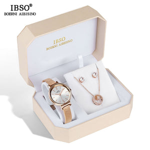 Rose Gold Watch Earring Necklace Set