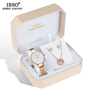 Rose Gold Watch Earring Necklace Set