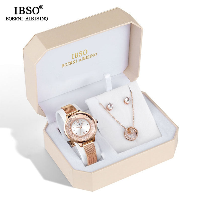 Rose Gold Watch Earring Necklace Set