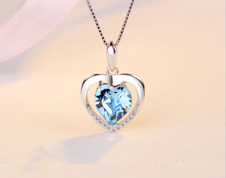 Sterling Silver Blue Heart Crystal Pendant Necklace