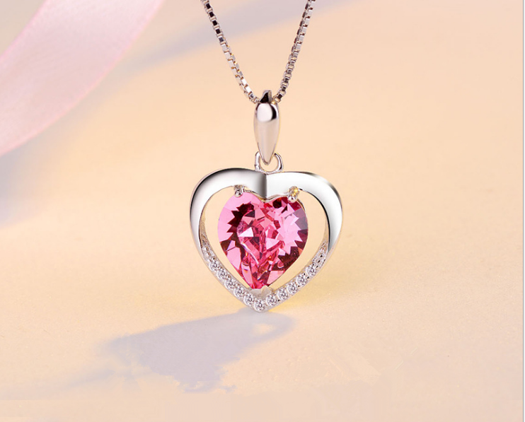 Sterling Silver Blue Heart Crystal Pendant Necklace