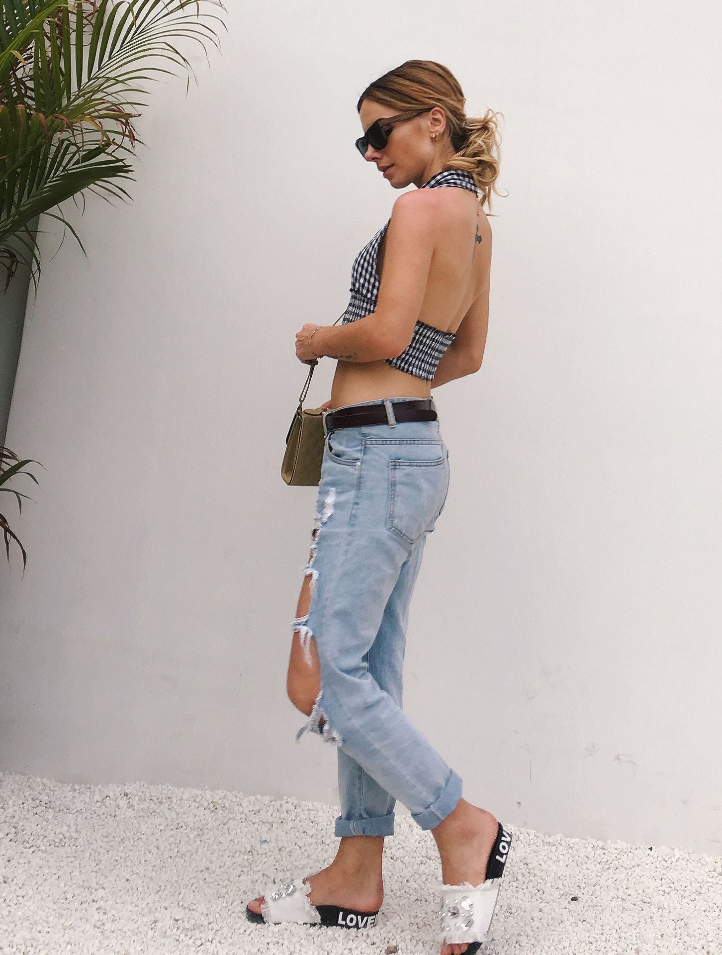 Europe and America plaid halter cropped  vest