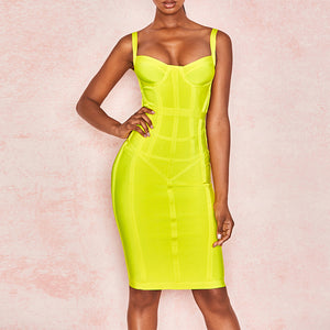 Vestidos 2019 Striped Neon Yellow Dress