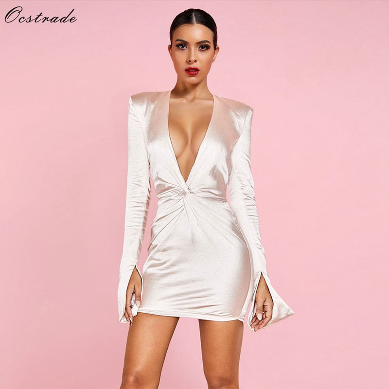 Celebrity White V Neck Bodycon Dress