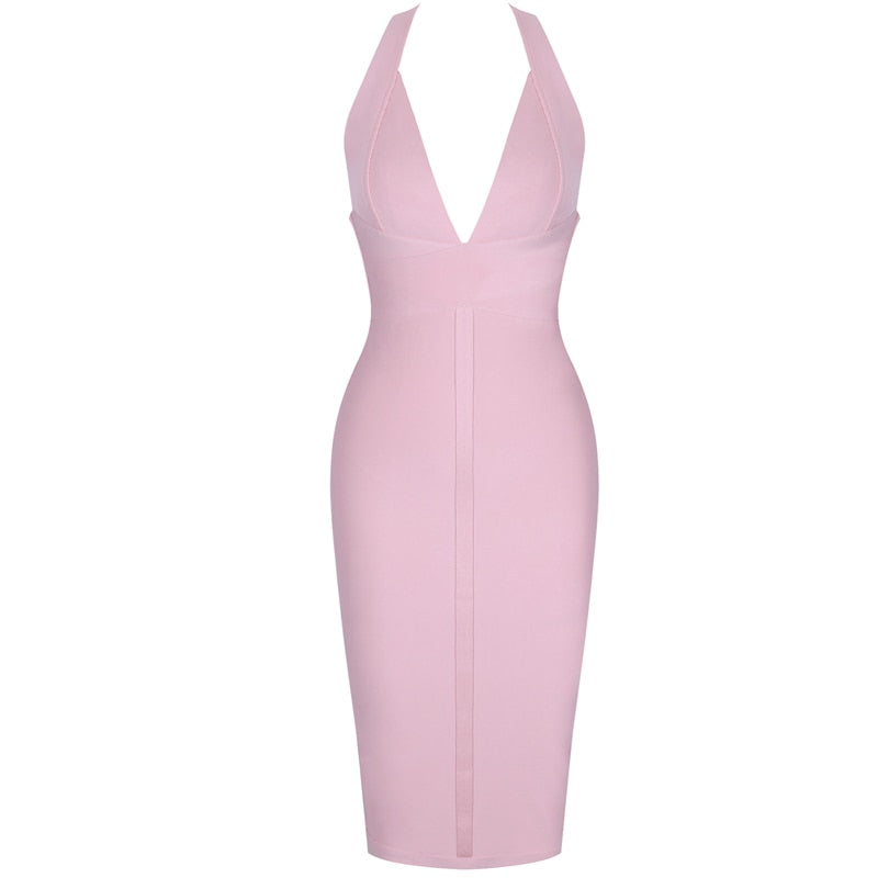 Backless Dress Pink Halter Midi