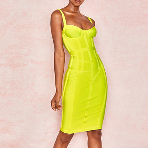 Vestidos 2019 Striped Neon Yellow Dress