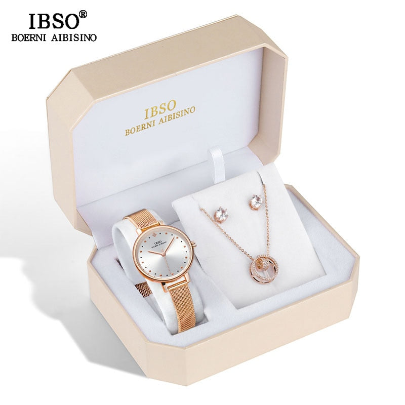 Rose Gold Watch Earring Necklace Set